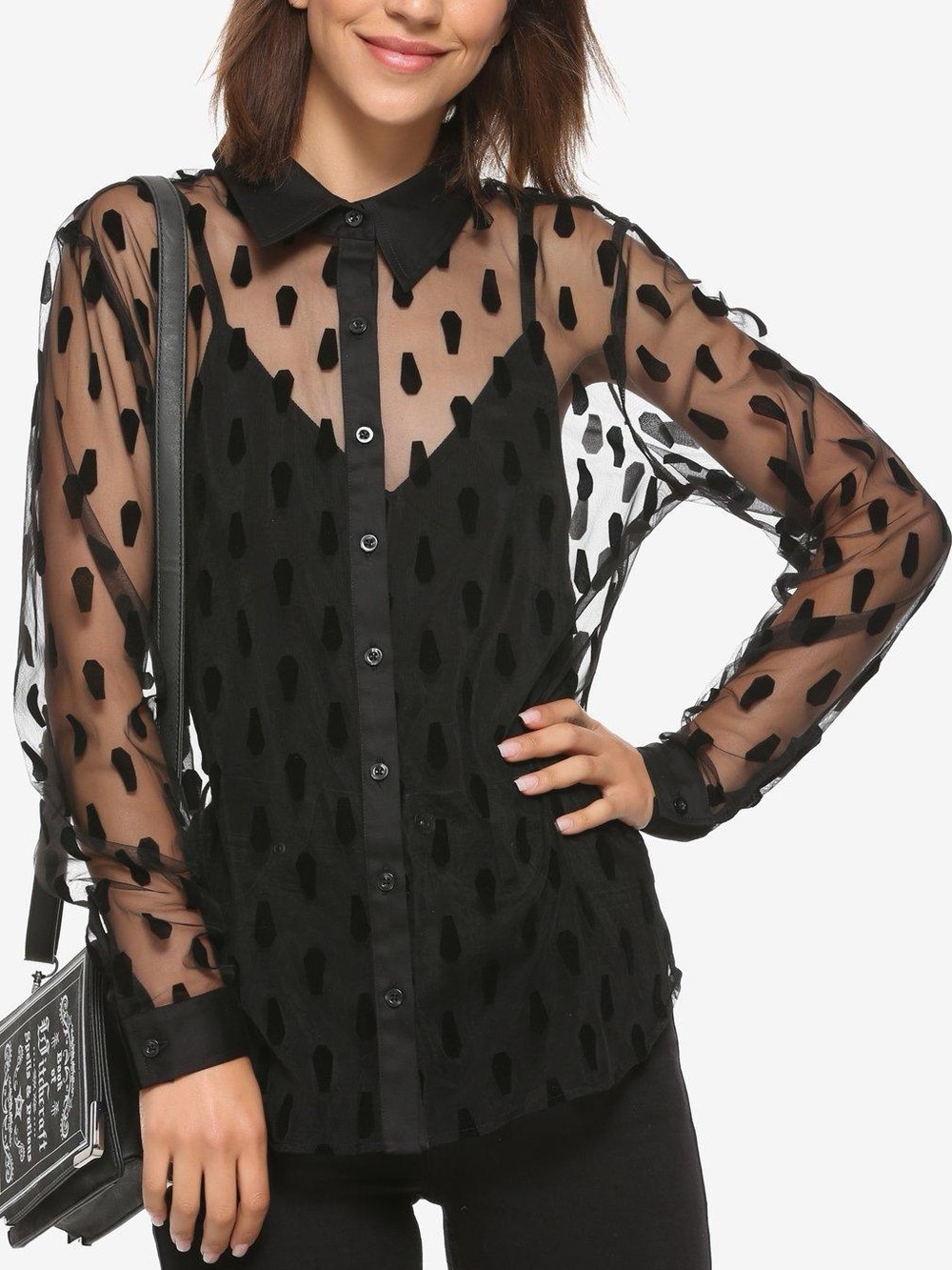 Hot Topic Coffin Sheer Long-Sleeve Button-Up